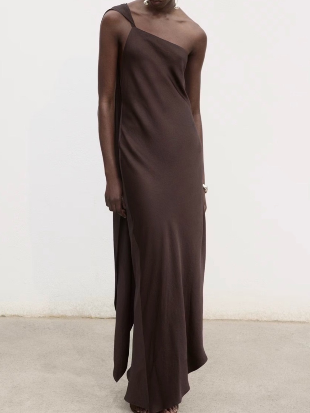 MANGO Asymmetrical One-Shoulder Satin Brown Dress